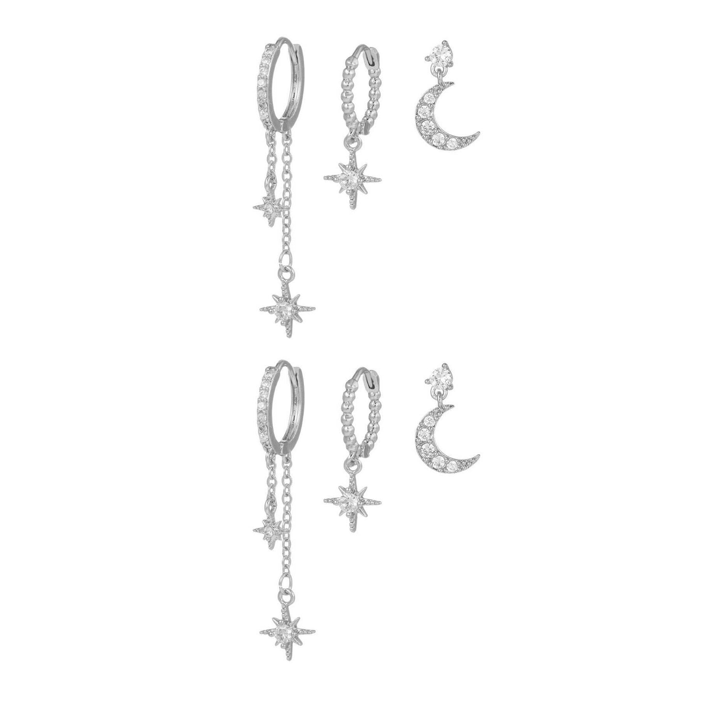 3 Pieces Lunar Starlight Glow Earring Set, 18k Gold and White Gold Stud Drop Hoop, S925 Needle, Stacked Lobe Designs with Dazzling Zirconia