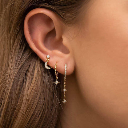 3 Pieces Lunar Starlight Glow Earring Set, 18k Gold and White Gold Stud Drop Hoop, S925 Needle, Stacked Lobe Designs with Dazzling Zirconia
