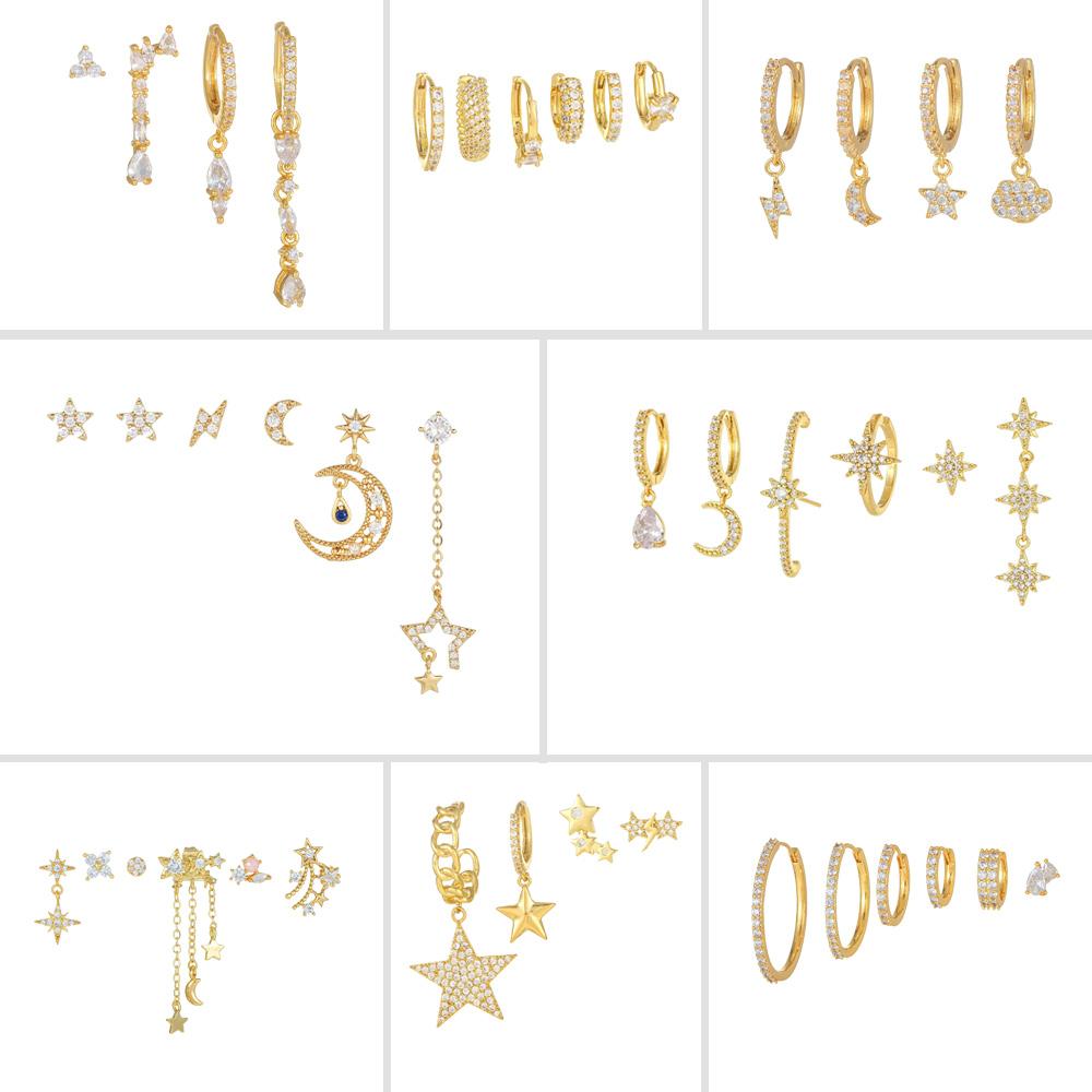 6 Pieces Charming Starflower Links Earring Set, 18k Gold Hoop with Drops, S925 Needle, Stacked Lobe Designs with Dazzling Zirconia