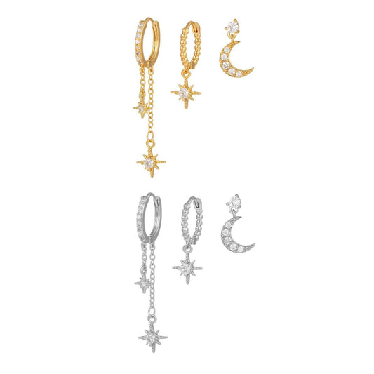 3 Pieces Lunar Starlight Glow Earring Set, 18k Gold and White Gold Stud Drop Hoop, S925 Needle, Stacked Lobe Designs with Dazzling Zirconia