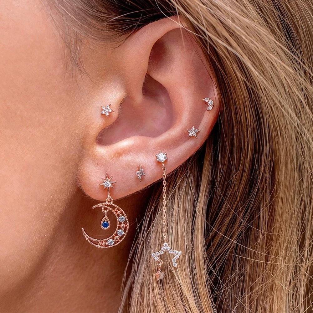 6 Pieces Charming Starflower Links Earring Set, 18k Gold Hoop with Drops, S925 Needle, Stacked Lobe Designs with Dazzling Zirconia