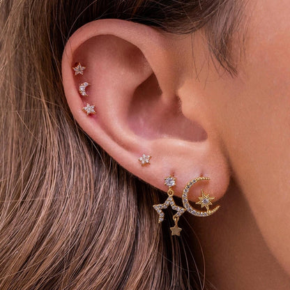 6 Pieces Charming Starflower Links Earring Set, 18k Gold Hoop with Drops, S925 Needle, Stacked Lobe Designs with Dazzling Zirconia