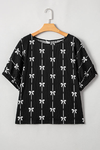Bow Textured Puff Sleeve Top