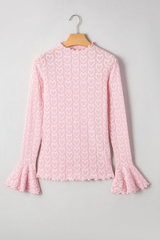 Heart Mock Neck Flare Long Sleeve Top