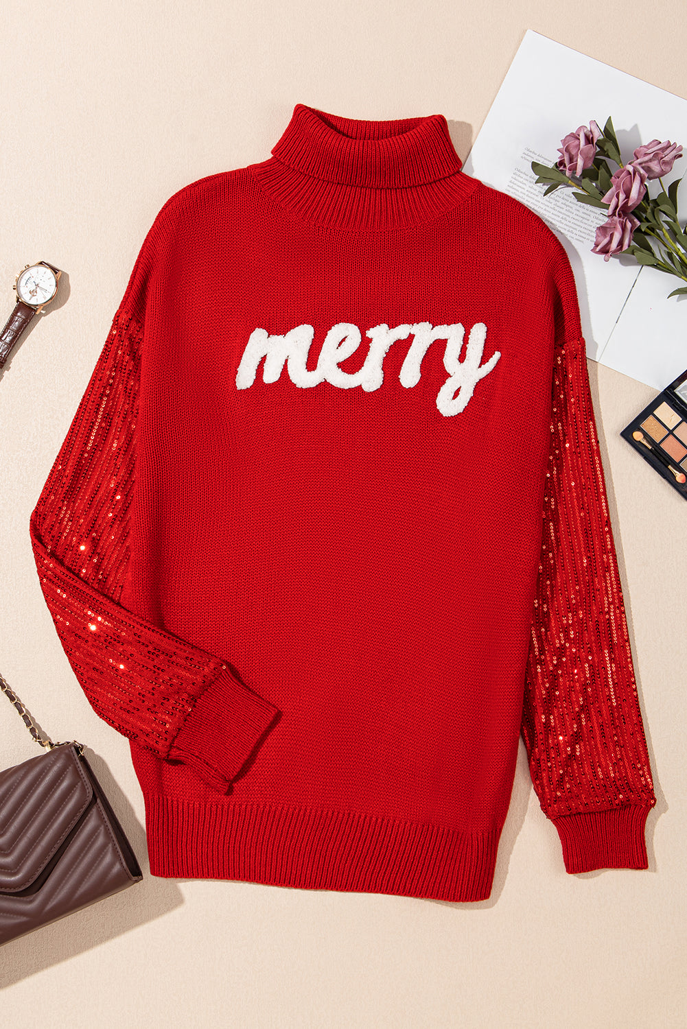 Christmas Merry Sequin Turtleneck Sweater