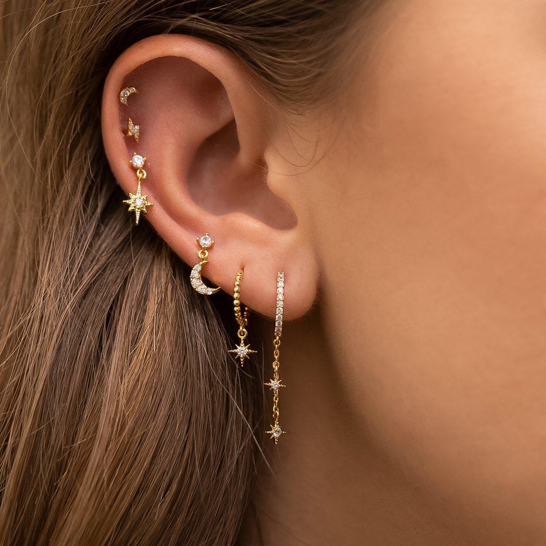 6 Pieces Charming Starflower Links Earring Set, 18k Gold Hoop with Drops, S925 Needle, Stacked Lobe Designs with Dazzling Zirconia