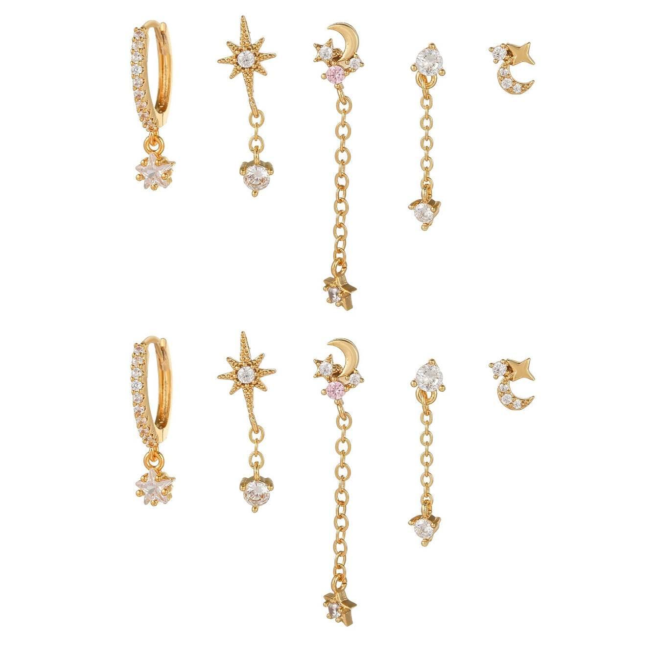 5 Pieces Eight-Pointed Star Earrings Set, 18k Gold Plated Ear Studs & Ear Drops, Stacked Lobe Design with Dazzling Zircon Stones