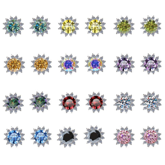 S925 Colorful Moissanite/CZ Sunflower Halo Stud Earrings, 12 Color 0.5ct D-Grade VVS Certificate, Hypoallergenic Sterling Silver Jewelry Gift