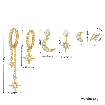 3 Pieces Lunar Starlight Glow Earring Set, 18k Gold and White Gold Stud Drop Hoop, S925 Needle, Stacked Lobe Designs with Dazzling Zirconia