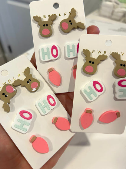 🩷🎄Ho Ho Ho Pink Holiday Triple Earring Set 🩷