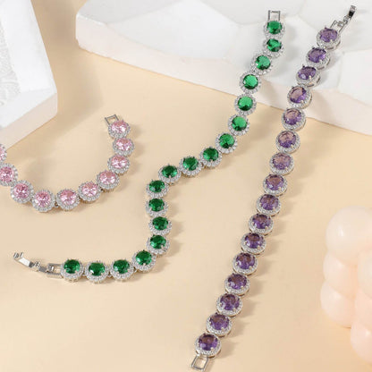 Dazzling Multicolor Cubic Zirconia Round Halo Bracelet, Colored Gem Stones, Adjustable Design, and Unique Patterns