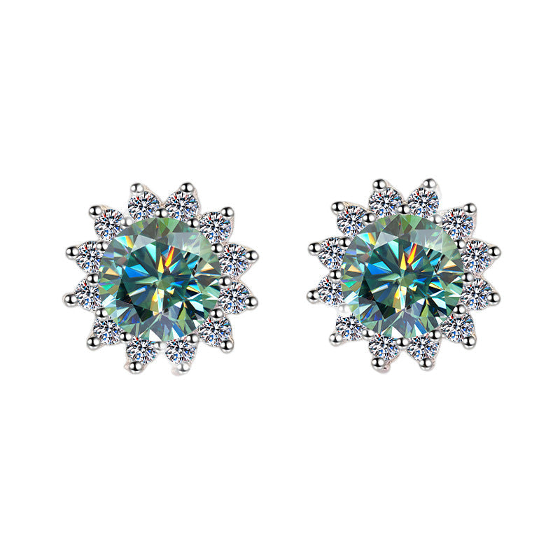 S925 Colorful Moissanite/CZ Sunflower Halo Stud Earrings, 12 Color 0.5ct D-Grade VVS Certificate, Hypoallergenic Sterling Silver Jewelry Gift