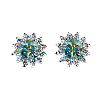 S925 Colorful Moissanite/CZ Sunflower Halo Stud Earrings, 12 Color 0.5ct D-Grade VVS Certificate, Hypoallergenic Sterling Silver Jewelry Gift
