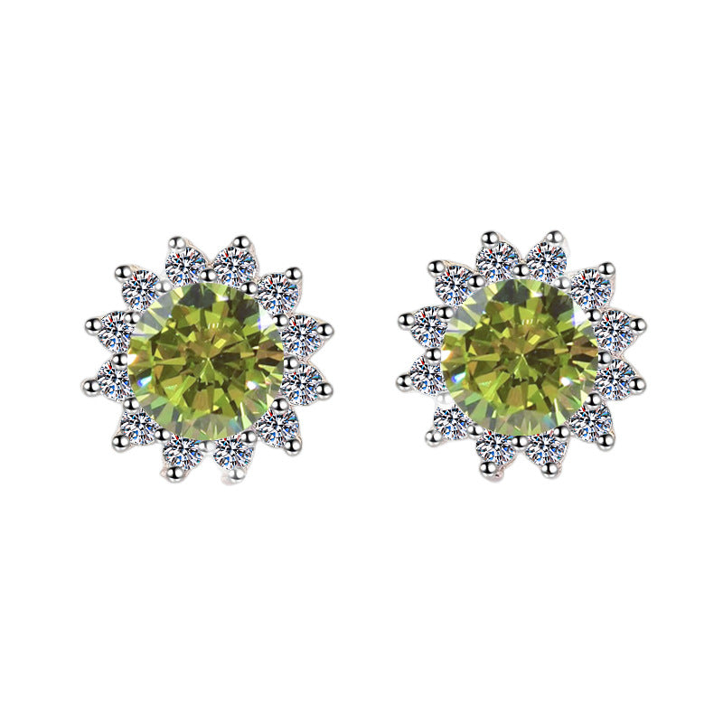 S925 Colorful Moissanite/CZ Sunflower Halo Stud Earrings, 12 Color 0.5ct D-Grade VVS Certificate, Hypoallergenic Sterling Silver Jewelry Gift
