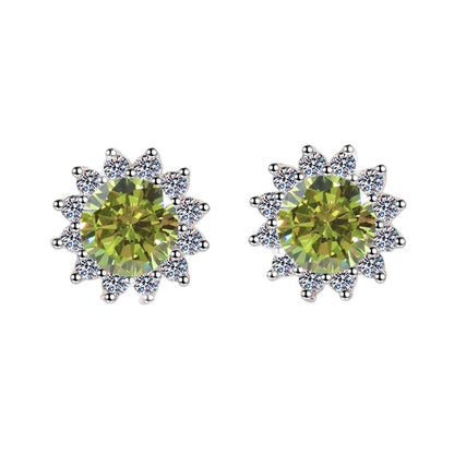 S925 Colorful Moissanite/CZ Sunflower Halo Stud Earrings, 12 Color 0.5ct D-Grade VVS Certificate, Hypoallergenic Sterling Silver Jewelry Gift