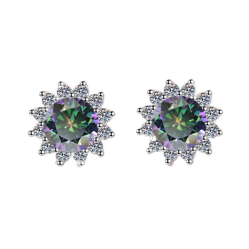 S925 Colorful Moissanite/CZ Sunflower Halo Stud Earrings, 12 Color 0.5ct D-Grade VVS Certificate, Hypoallergenic Sterling Silver Jewelry Gift