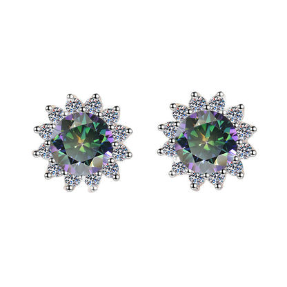S925 Colorful Moissanite/CZ Sunflower Halo Stud Earrings, 12 Color 0.5ct D-Grade VVS Certificate, Hypoallergenic Sterling Silver Jewelry Gift