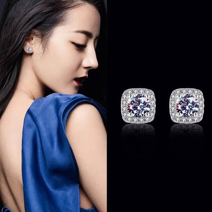 S925 Colorful Moissanite/CZ Square Halo Earrings, 0.5-1ct D-Grade VVS Certificate, Hypoallergenic Sterling Silver Jewelry Gift