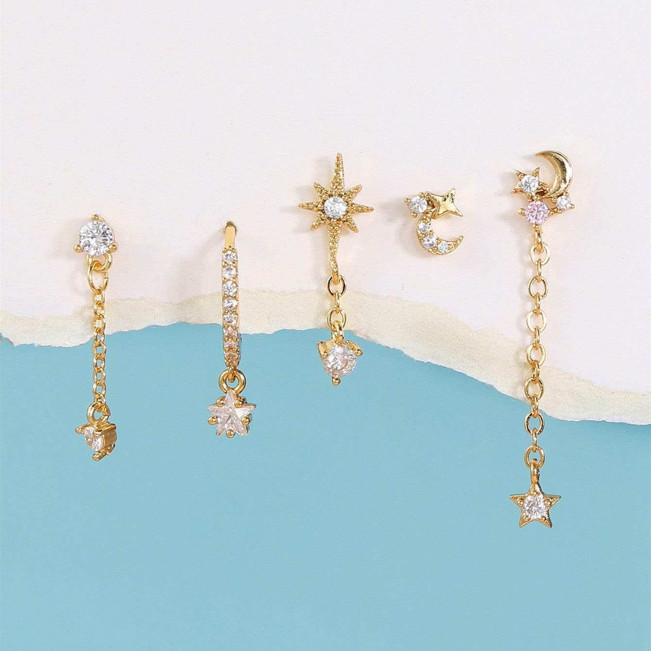 5 Pieces Eight-Pointed Star Earrings Set, 18k Gold Plated Ear Studs & Ear Drops, Stacked Lobe Design with Dazzling Zircon Stones
