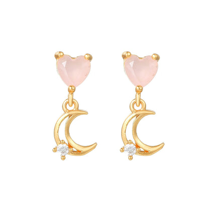16 Pairs Pink Heart Stud Hoop Huggies Drop Earrings Set, 18K Gold Plated Stacking CZ & Pearl Designs, Planet Snowflake Moon Star