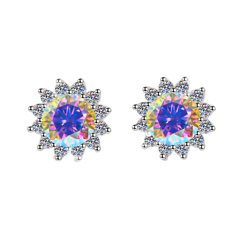 S925 Colorful Moissanite/CZ Sunflower Halo Stud Earrings, 12 Color 0.5ct D-Grade VVS Certificate, Hypoallergenic Sterling Silver Jewelry Gift