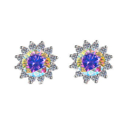 S925 Colorful Moissanite/CZ Sunflower Halo Stud Earrings, 12 Color 0.5ct D-Grade VVS Certificate, Hypoallergenic Sterling Silver Jewelry Gift