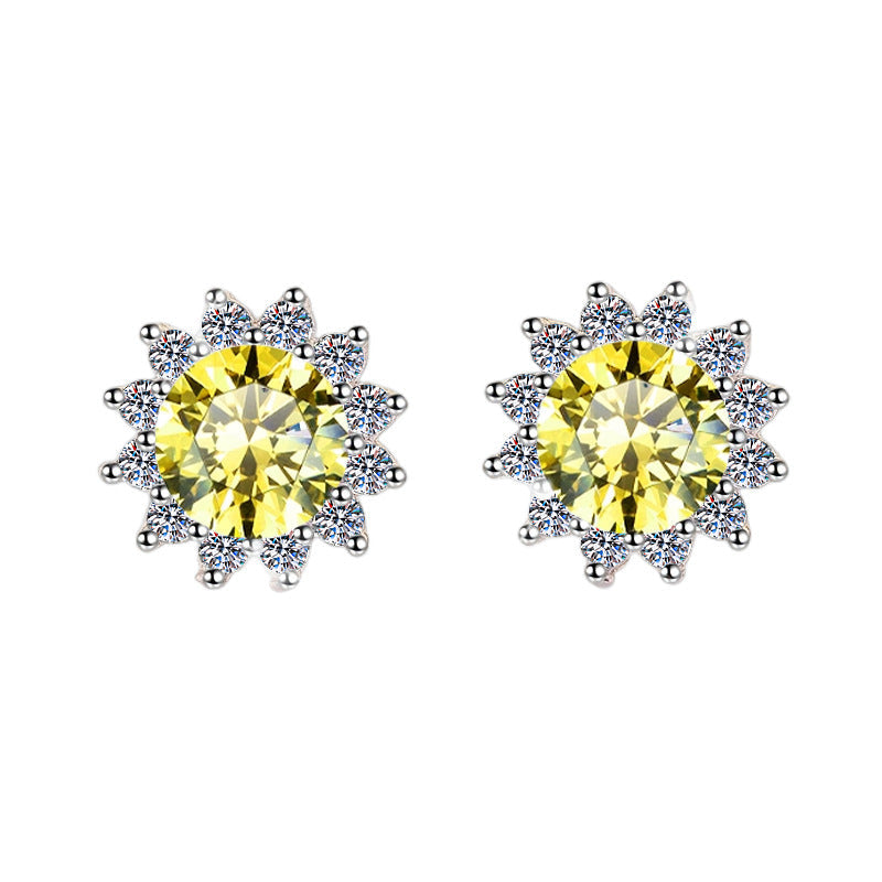 S925 Colorful Moissanite/CZ Sunflower Halo Stud Earrings, 12 Color 0.5ct D-Grade VVS Certificate, Hypoallergenic Sterling Silver Jewelry Gift