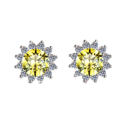 S925 Colorful Moissanite/CZ Sunflower Halo Stud Earrings, 12 Color 0.5ct D-Grade VVS Certificate, Hypoallergenic Sterling Silver Jewelry Gift
