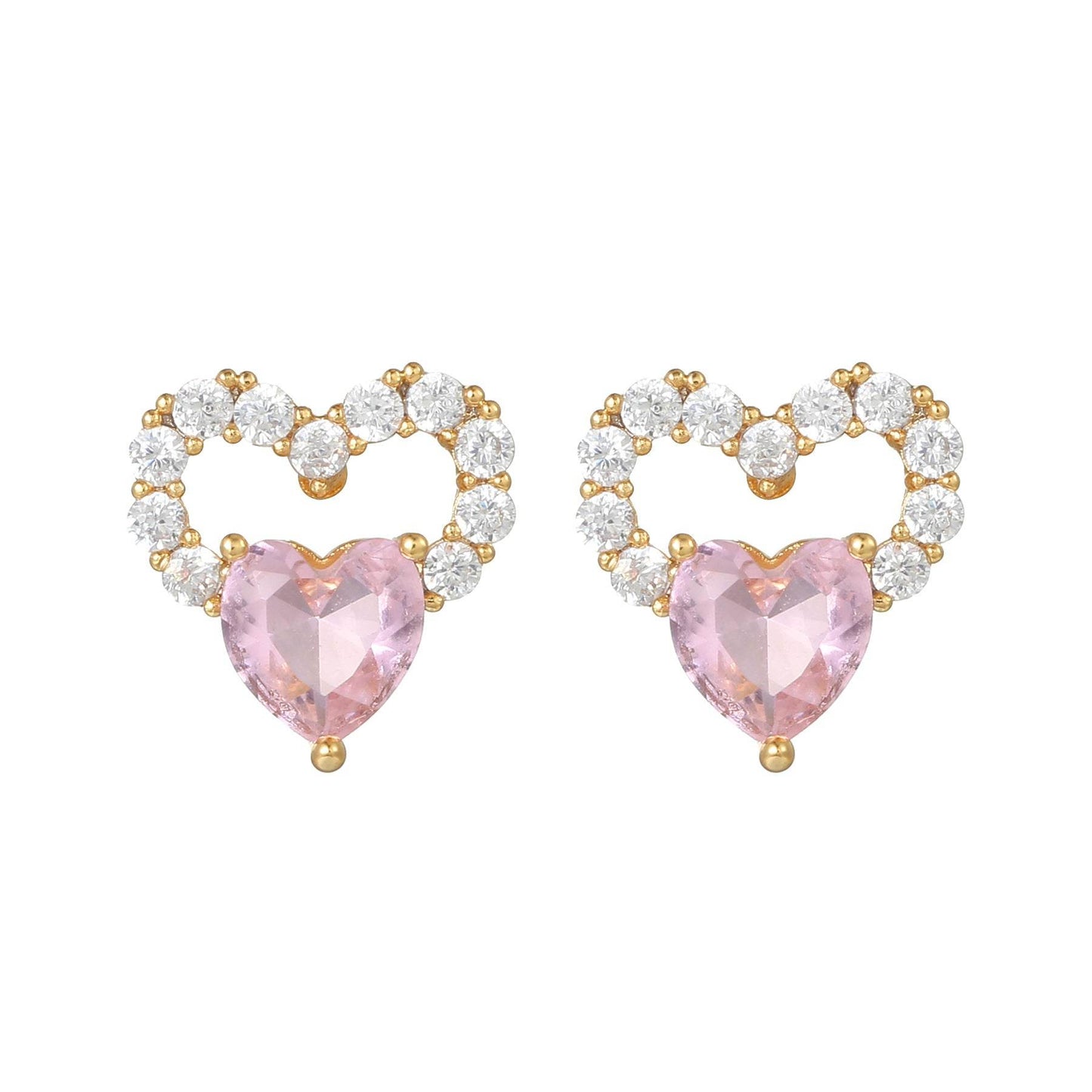 16 Pairs Pink Heart Stud Hoop Huggies Drop Earrings Set, 18K Gold Plated Stacking CZ & Pearl Designs, Planet Snowflake Moon Star