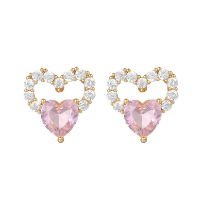 16 Pairs Pink Heart Stud Hoop Huggies Drop Earrings Set, 18K Gold Plated Stacking CZ & Pearl Designs, Planet Snowflake Moon Star