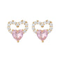 16 Pairs Pink Heart Stud Hoop Huggies Drop Earrings Set, 18K Gold Plated Stacking CZ & Pearl Designs, Planet Snowflake Moon Star