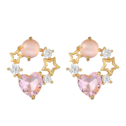 16 Pairs Pink Heart Stud Hoop Huggies Drop Earrings Set, 18K Gold Plated Stacking CZ & Pearl Designs, Planet Snowflake Moon Star