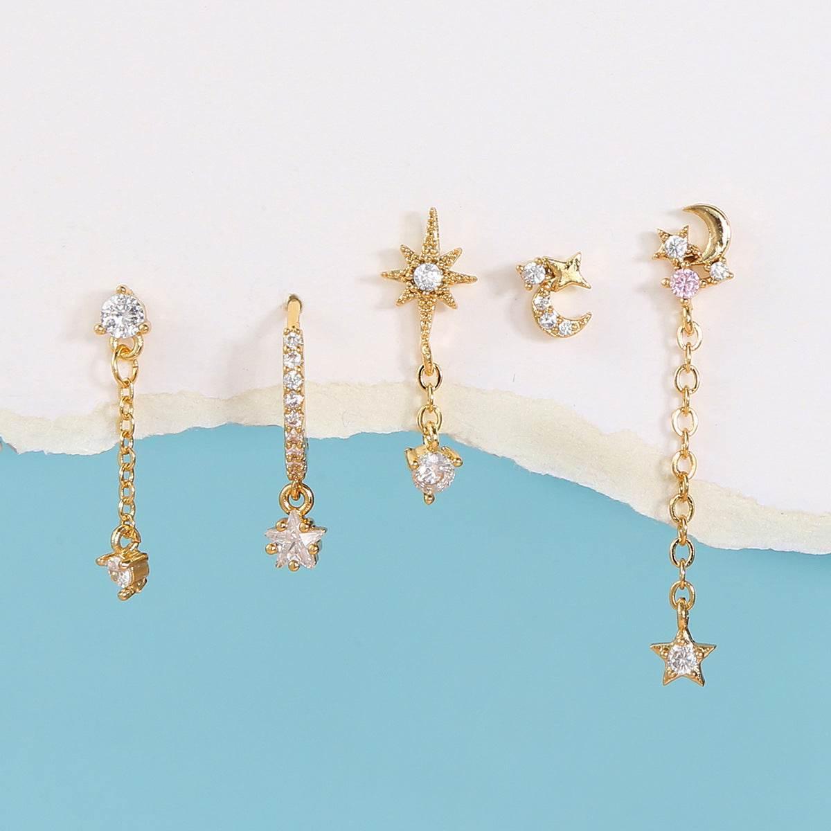 5 Pieces Eight-Pointed Star Earrings Set, 18k Gold Plated Ear Studs & Ear Drops, Stacked Lobe Design with Dazzling Zircon Stones