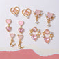 16 Pairs Pink Heart Stud Hoop Huggies Drop Earrings Set, 18K Gold Plated Stacking CZ & Pearl Designs, Planet Snowflake Moon Star