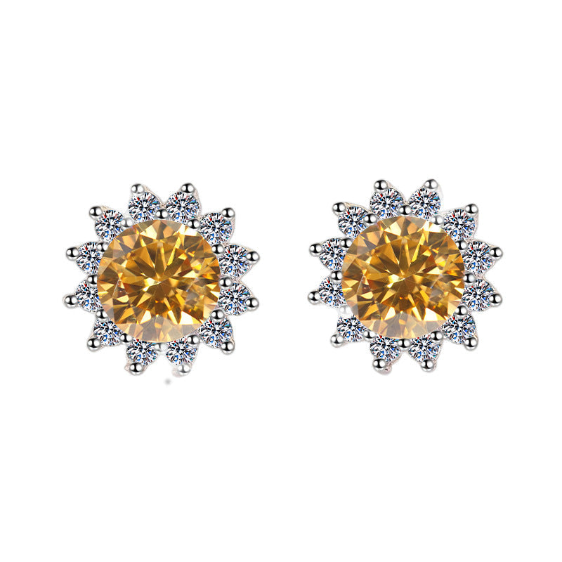 S925 Colorful Moissanite/CZ Sunflower Halo Stud Earrings, 12 Color 0.5ct D-Grade VVS Certificate, Hypoallergenic Sterling Silver Jewelry Gift