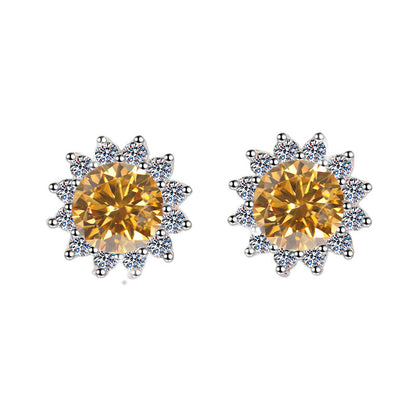 S925 Colorful Moissanite/CZ Sunflower Halo Stud Earrings, 12 Color 0.5ct D-Grade VVS Certificate, Hypoallergenic Sterling Silver Jewelry Gift
