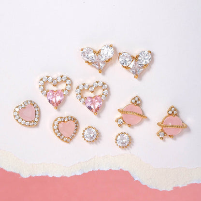 16 Pairs Pink Heart Stud Hoop Huggies Drop Earrings Set, 18K Gold Plated Stacking CZ & Pearl Designs, Planet Snowflake Moon Star