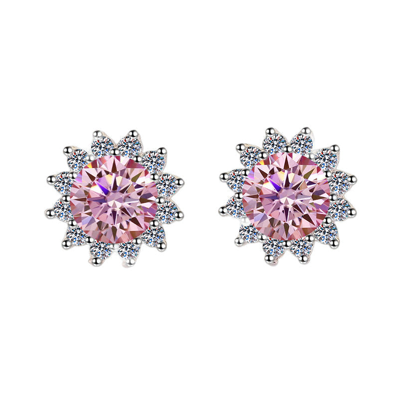S925 Colorful Moissanite/CZ Sunflower Halo Stud Earrings, 12 Color 0.5ct D-Grade VVS Certificate, Hypoallergenic Sterling Silver Jewelry Gift