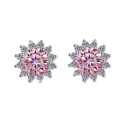 S925 Colorful Moissanite/CZ Sunflower Halo Stud Earrings, 12 Color 0.5ct D-Grade VVS Certificate, Hypoallergenic Sterling Silver Jewelry Gift