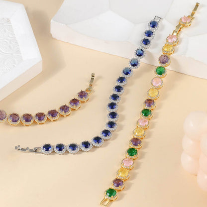 Dazzling Multicolor Cubic Zirconia Round Halo Bracelet, Colored Gem Stones, Adjustable Design, and Unique Patterns
