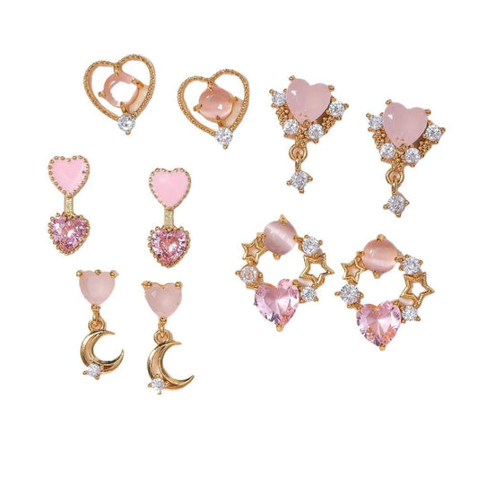 16 Pairs Pink Heart Stud Hoop Huggies Drop Earrings Set, 18K Gold Plated Stacking CZ & Pearl Designs, Planet Snowflake Moon Star